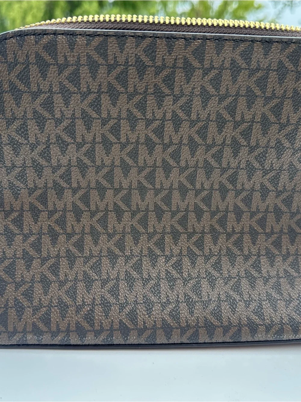 Michael Kors Signature Logo Dome Crossbody Brown Gold Chain New